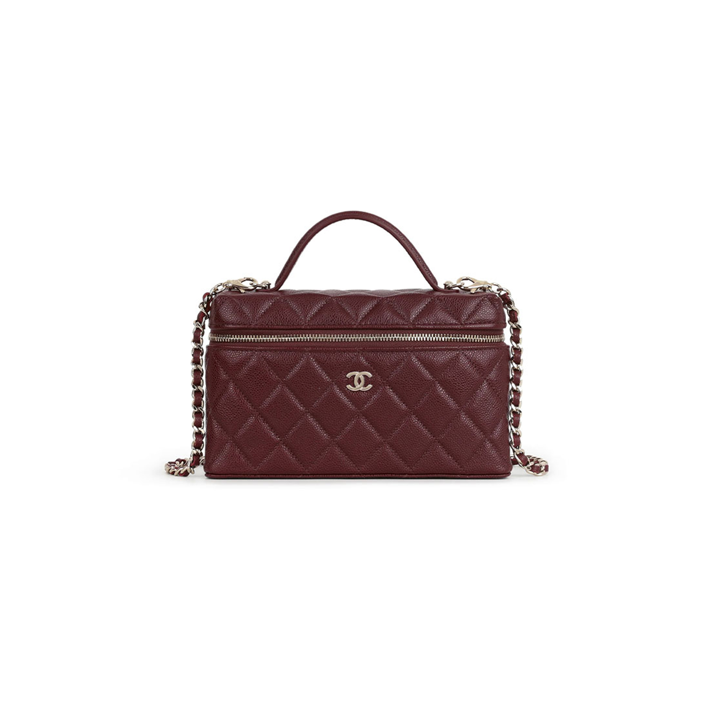 CHANEL MASTER TOP HANDLE VANITY WITH CHAIN BURGUNDY CAVIAR  CHAMPAGNE GOLD HARDWARE AP4385 (19*14*5cm)